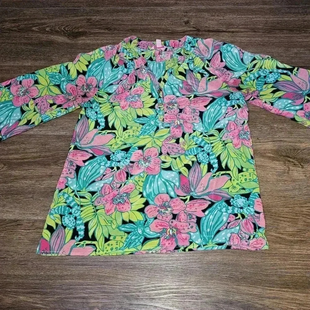 Lily Pulitzer 100% Silk Elsa Skip On It The  Frog-Floral Print Blouse SZ XS